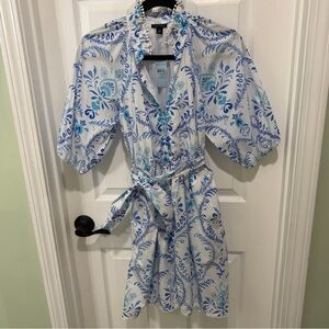 Ann Taylor White Puff Sleeve Dress with Blue and Aqua Paisley Print 0P NWT